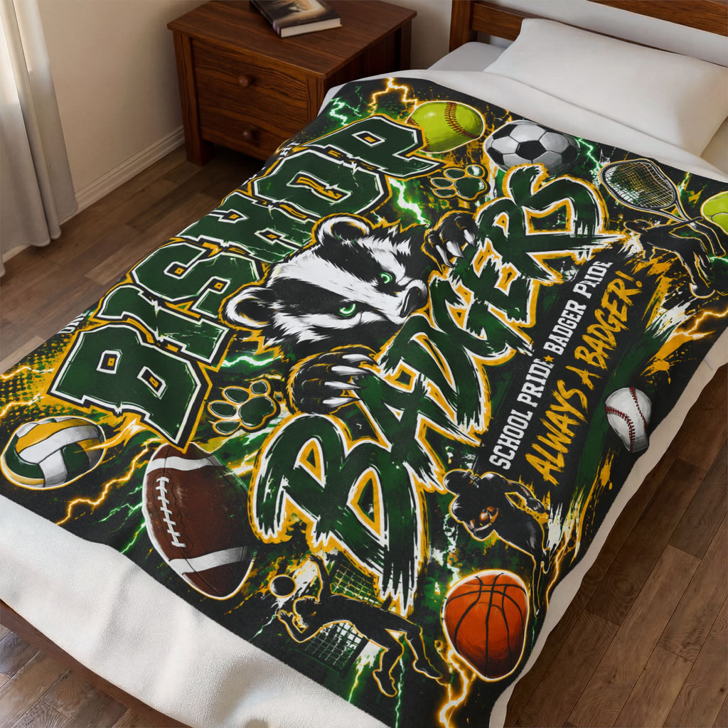 Bishop Badgers Sports Velveteen Plush Blanket – School Pride Multi-Sport Design