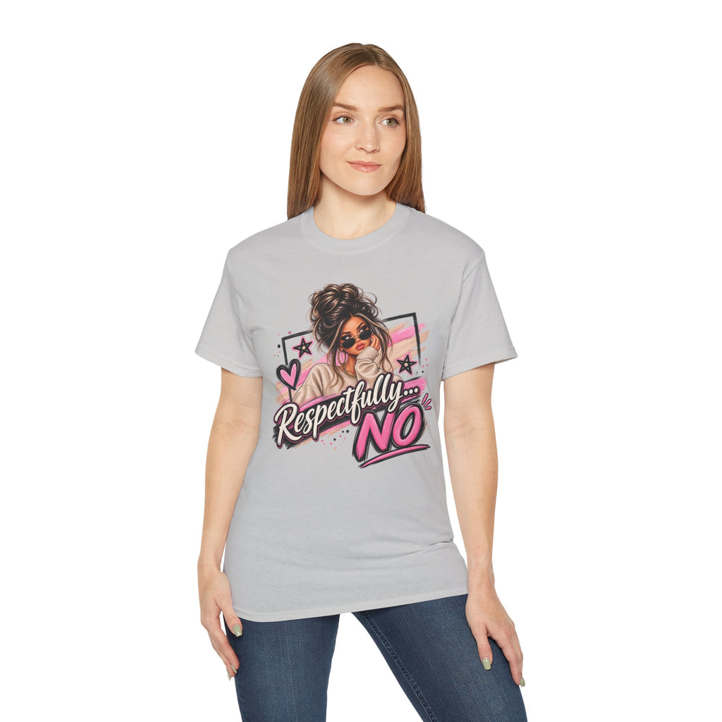 Respectfully No Graphic Tee — Sassy Pink Woman Illustration T-Shirt