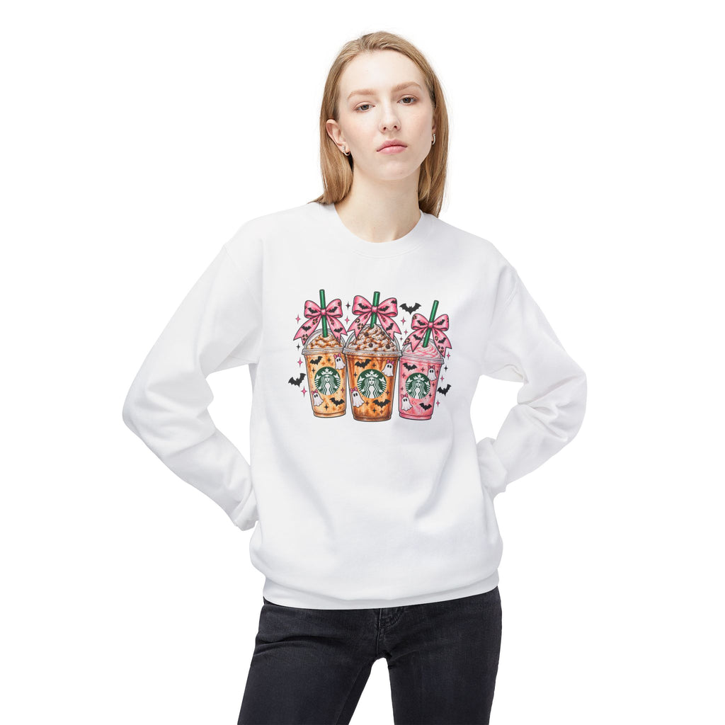 Sweatshirt — Cute Starbucks Frappuccino Trio with Bows (Pink & Halloween Vibes)