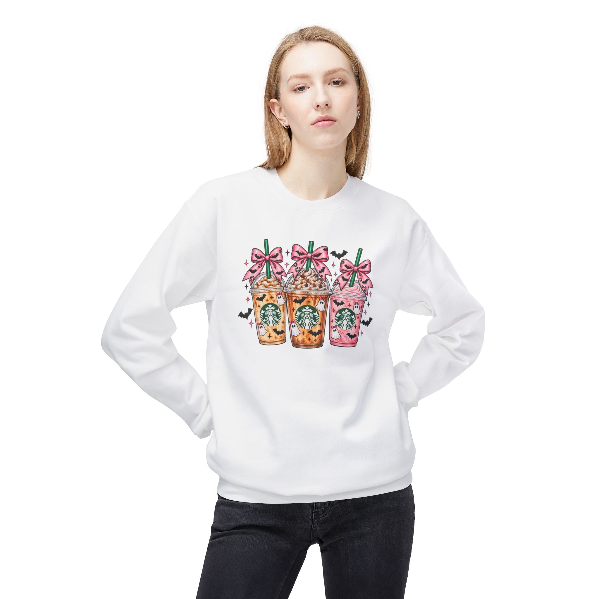 Sweatshirt — Cute Starbucks Frappuccino Trio with Bows (Pink & Halloween Vibes)