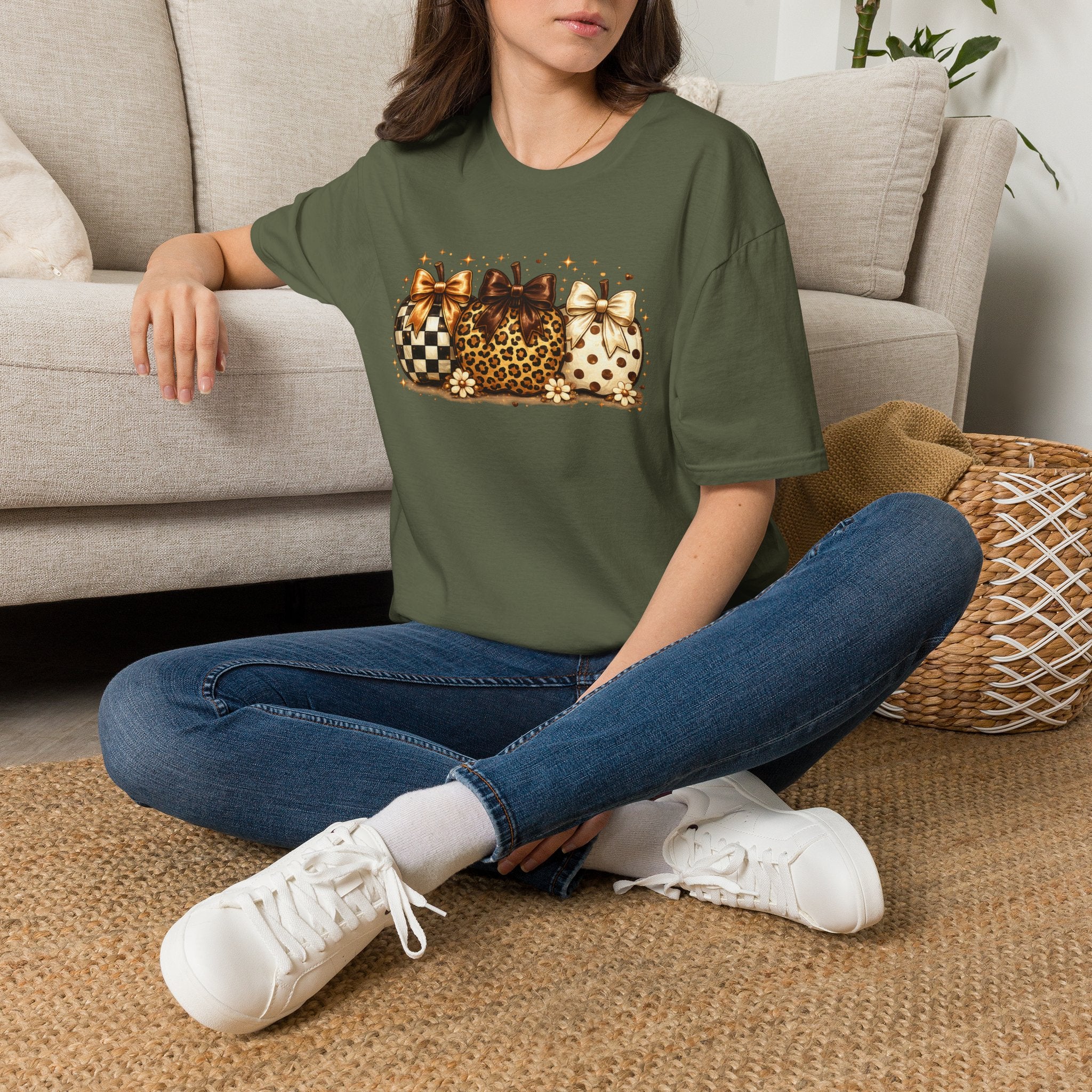 Leopard & Plaid Pumpkin Trio T-Shirt — Fall Animal Print Pumpkins with Bows