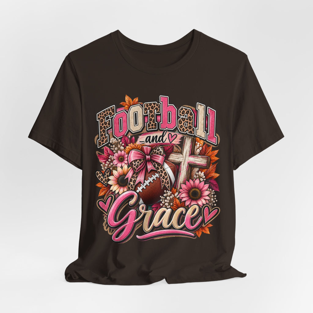 Football and Grace T‑Shirt — Floral Cross Christian Football Mom Tee