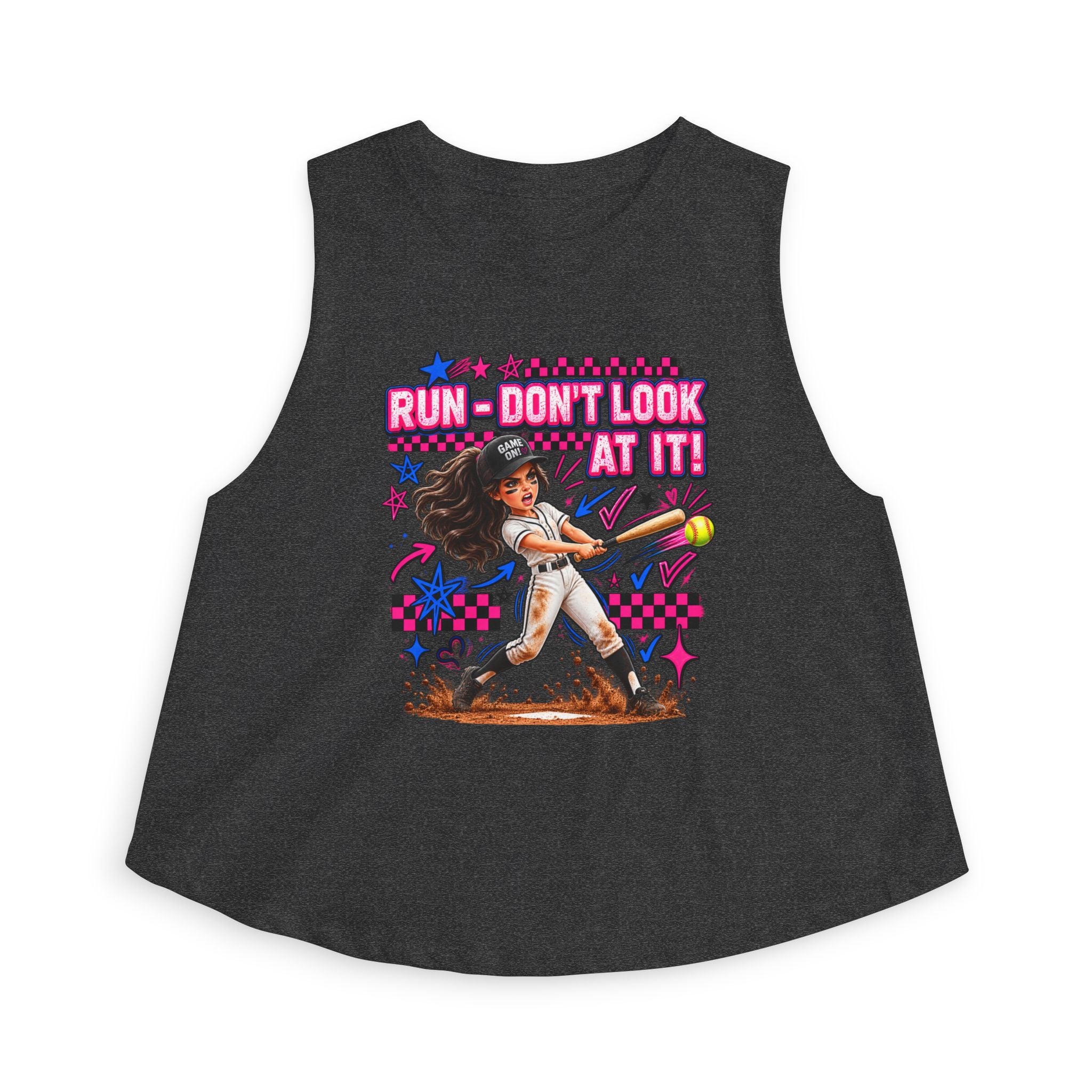 Women's Crop Top — "Run Don't Look at It!" Softball Batter Graphic Tank