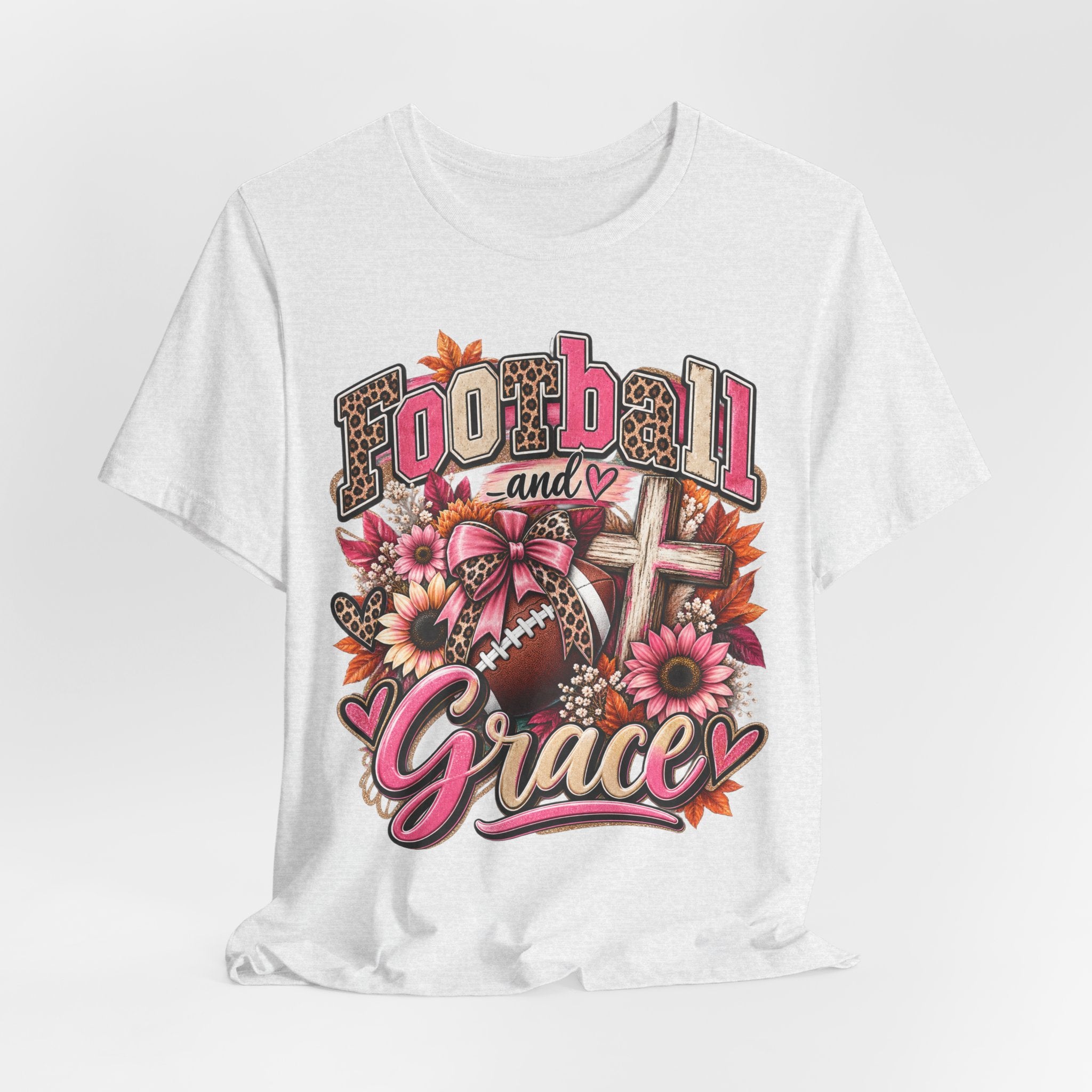 Football and Grace T‑Shirt — Floral Cross Christian Football Mom Tee