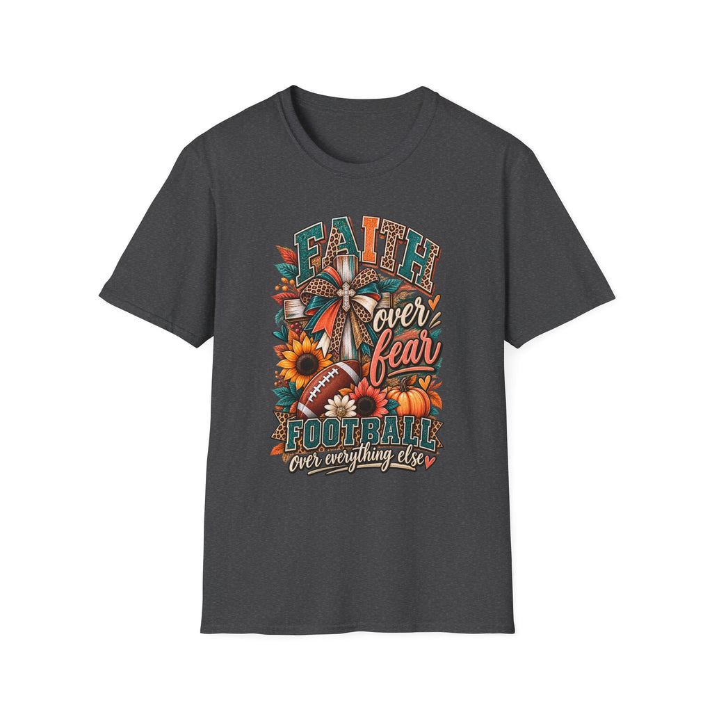 Faith Over Fear Football T‑Shirt — Floral Cross & Sunflower Inspirational Tee