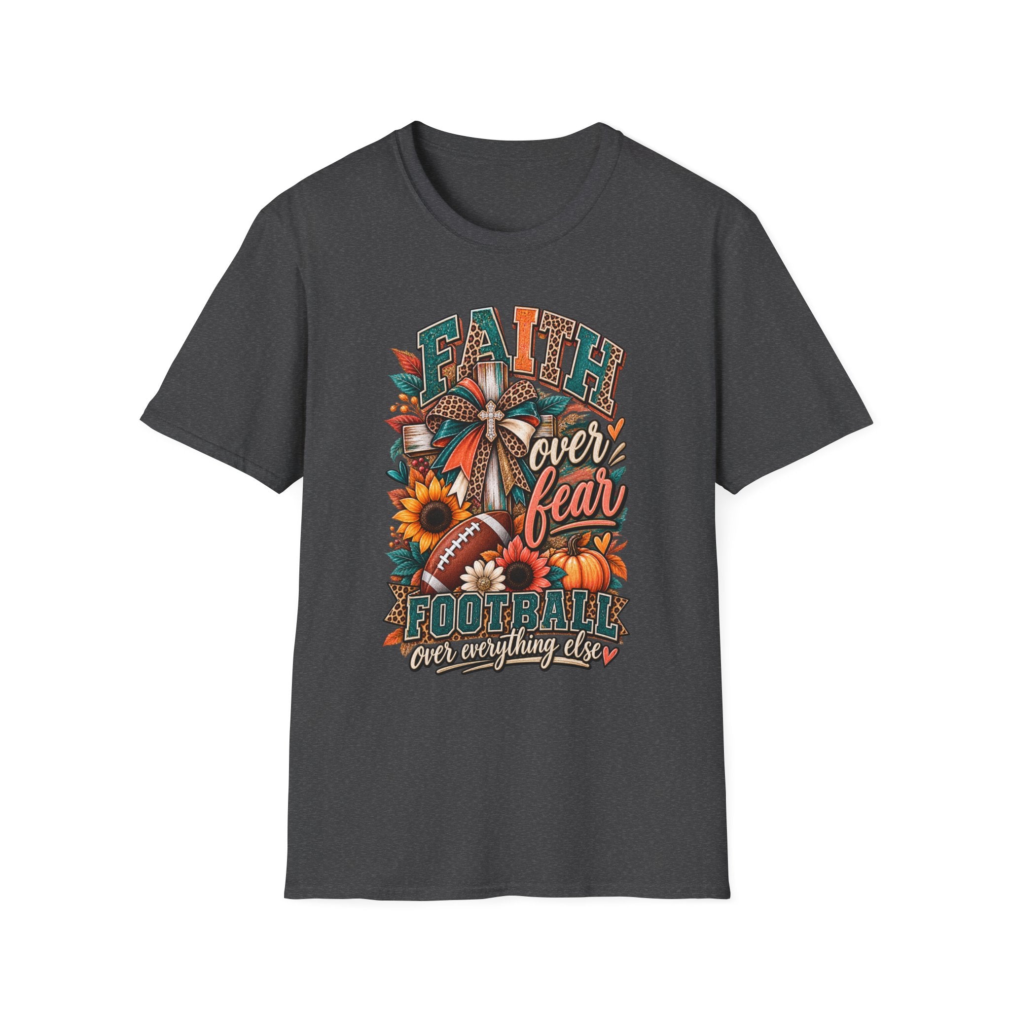 Faith Over Fear Football T‑Shirt — Floral Cross & Sunflower Inspirational Tee