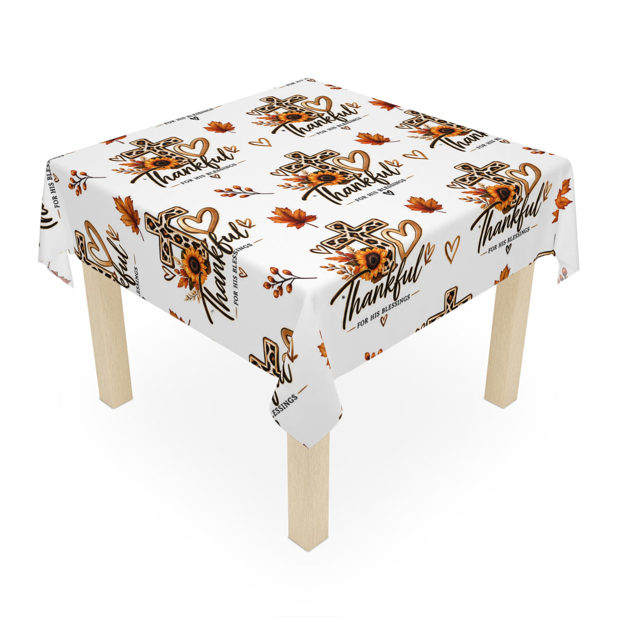 Thankful Cross Fall Tablecloth — Autumn Leaves & Sunflower Thanksgiving Table Decor