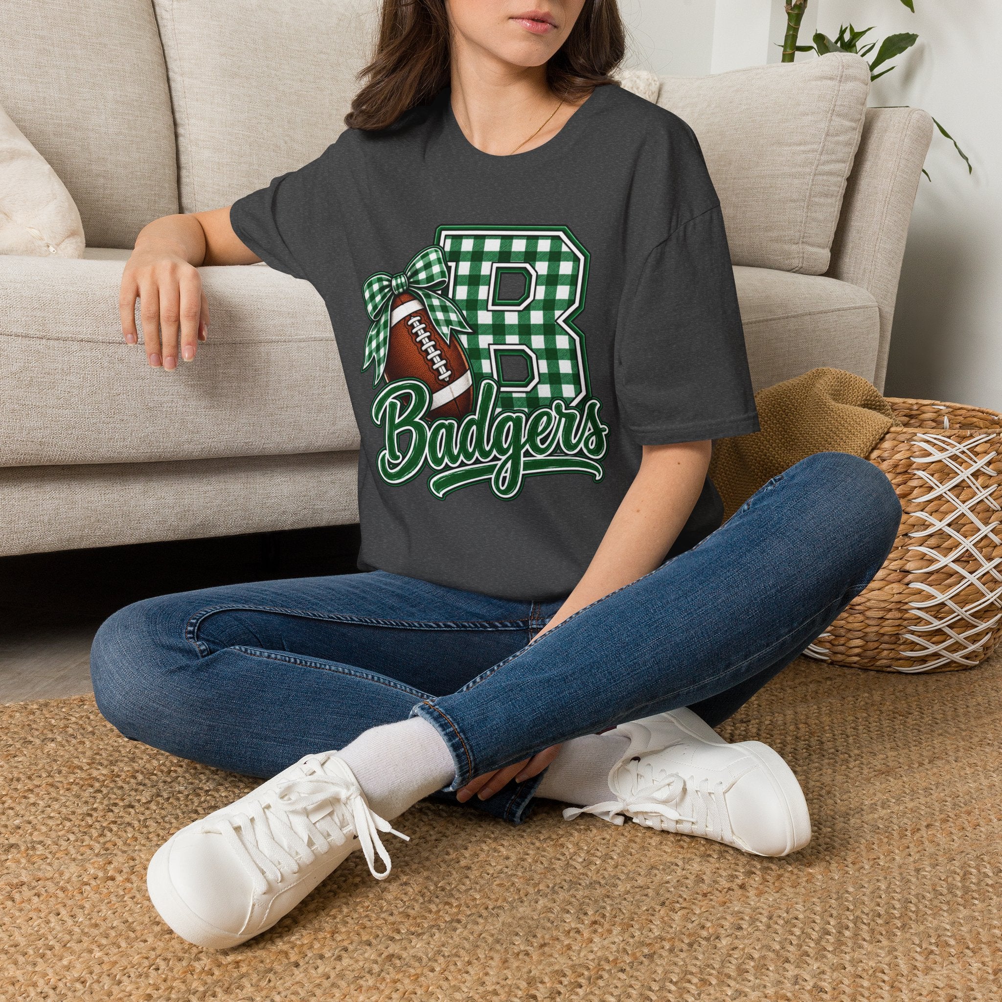 Badgers Football Gingham Initial T-Shirt
