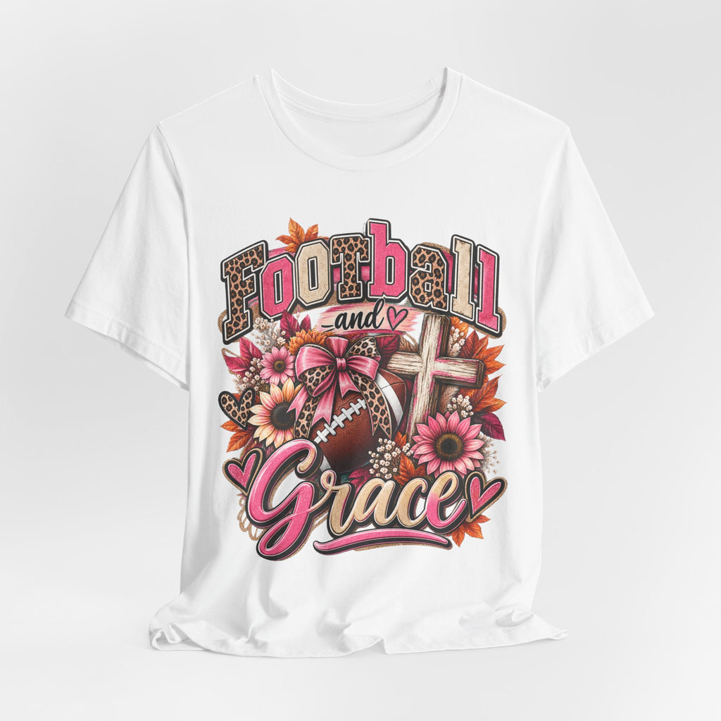 Football and Grace T‑Shirt — Floral Cross Christian Football Mom Tee