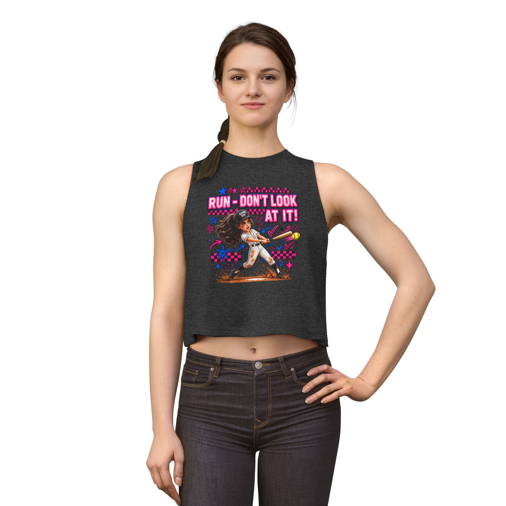 Women's Crop Top — "Run Don't Look at It!" Softball Batter Graphic Tank