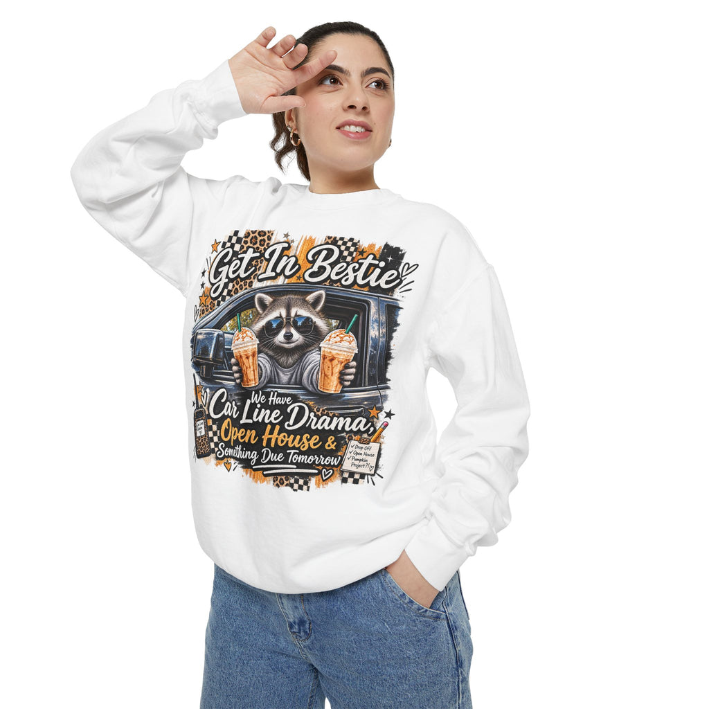 Cozy Raccoon 'Get In Bestie' Sweatshirt – Funny Car Line Mom Graphic