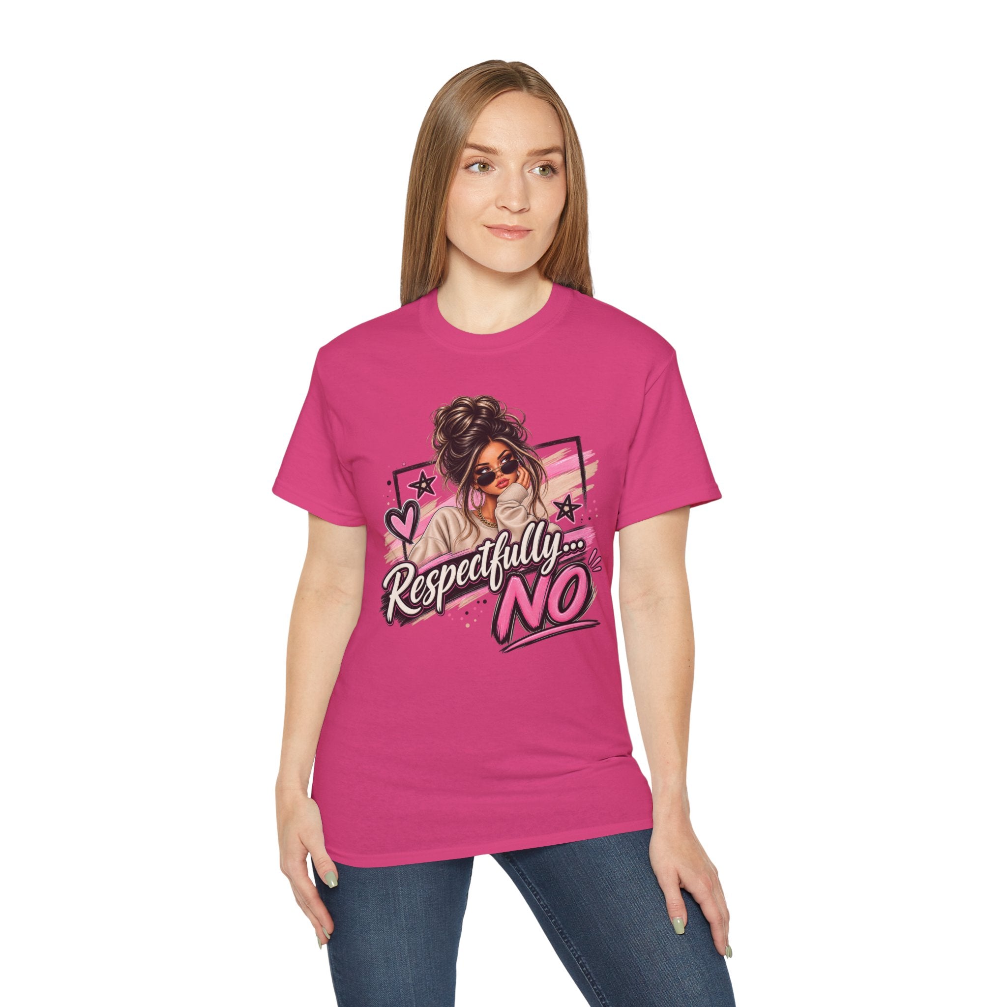 Respectfully No Graphic Tee — Sassy Pink Woman Illustration T-Shirt