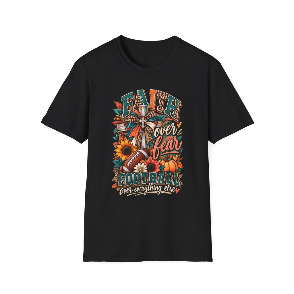 Faith Over Fear Football T‑Shirt — Floral Cross & Sunflower Inspirational Tee