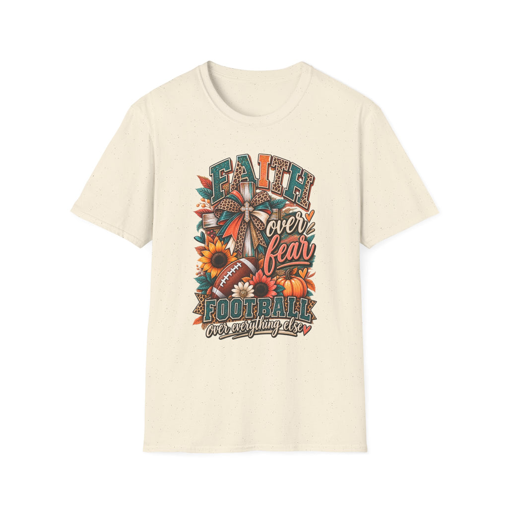 Faith Over Fear Football T‑Shirt — Floral Cross & Sunflower Inspirational Tee
