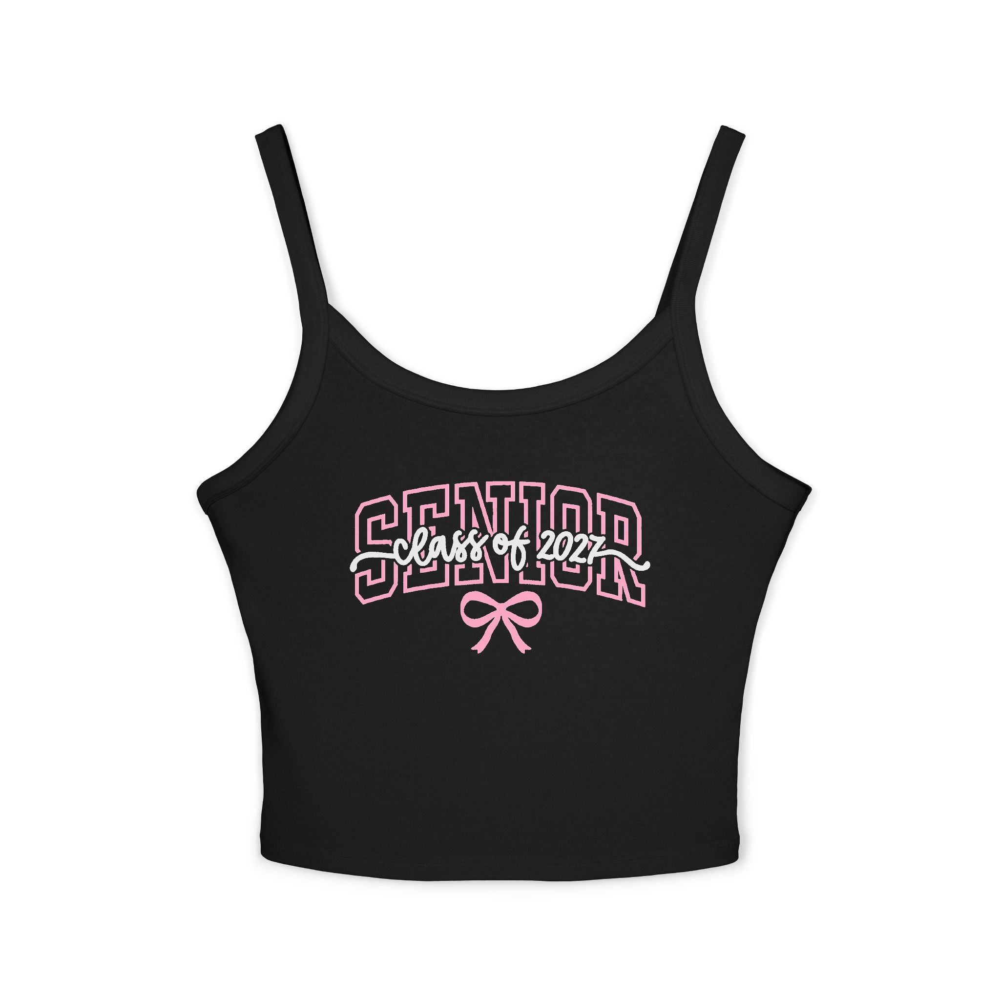 Senior Bow Spaghetti Strap Tank Top — Class of (Senior) Pink Lettering Crop