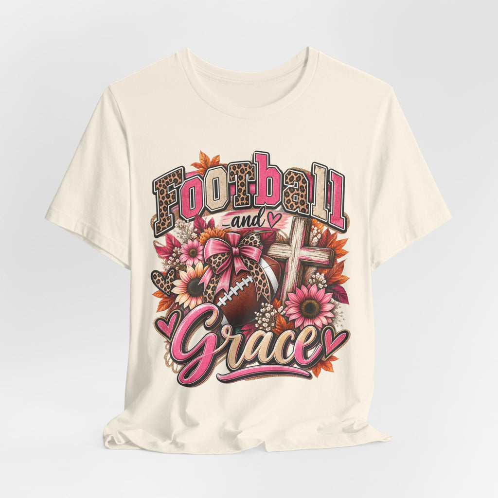 Football and Grace T‑Shirt — Floral Cross Christian Football Mom Tee