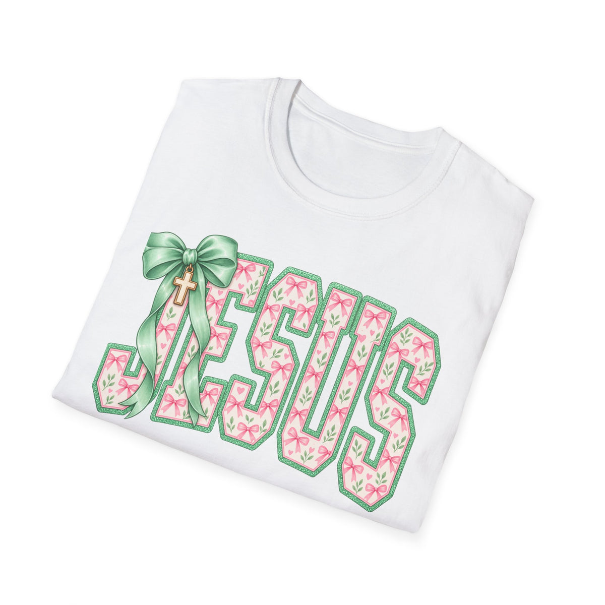 Jesus Floral Tee — Pastel Pink & Green Cross Design