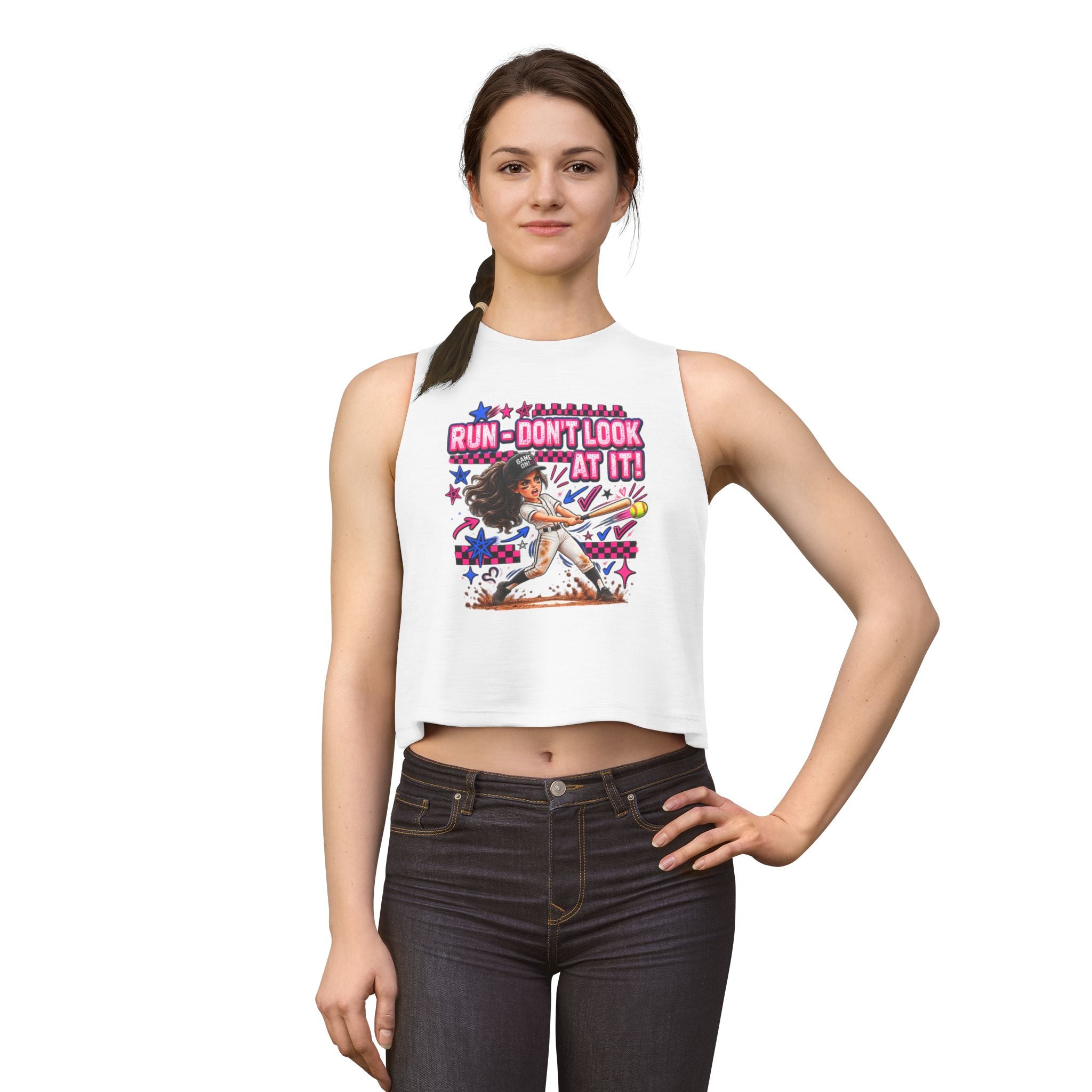 Women's Crop Top — "Run Don't Look at It!" Softball Batter Graphic Tank