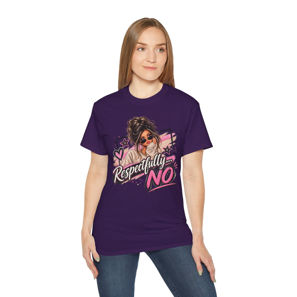 Respectfully No Graphic Tee — Sassy Pink Woman Illustration T-Shirt